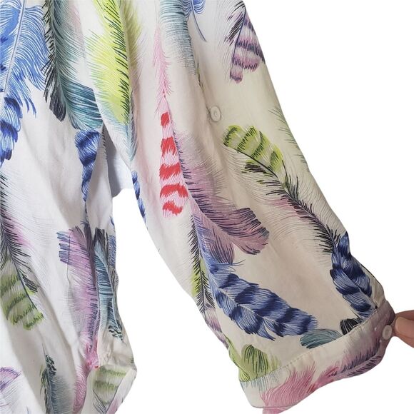 Depri Feather Novelty Print Blouse Size L Multi-colored Mandarin Neck 3/4 Sleeve - Picture 2 of 8